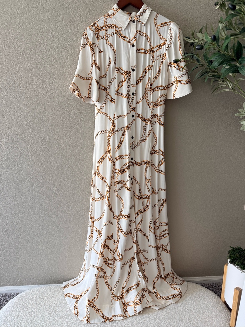 Anthropologie White Maxi Dress with Gold Chain Print